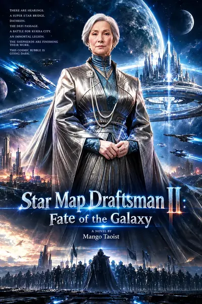 Cover of Star Map Draftsman II: Fate of the Galaxy by Mango Taoist: a grey-haired woman in silver robes before a starship city